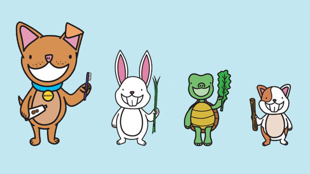 A graphic with animals holding toothbrushes