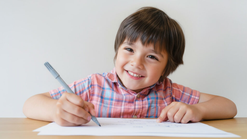A child smiles as they fill in a dental worksheet