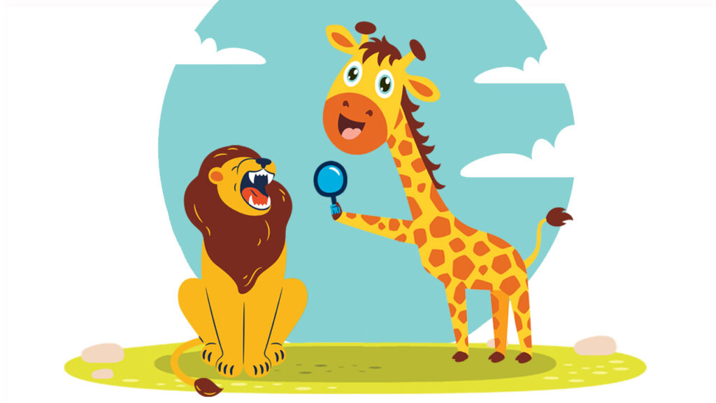 A giraffe uses a magnifying glass to look into a lion's mouth to see its teeth