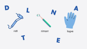 A graphic with dental tools and random letters