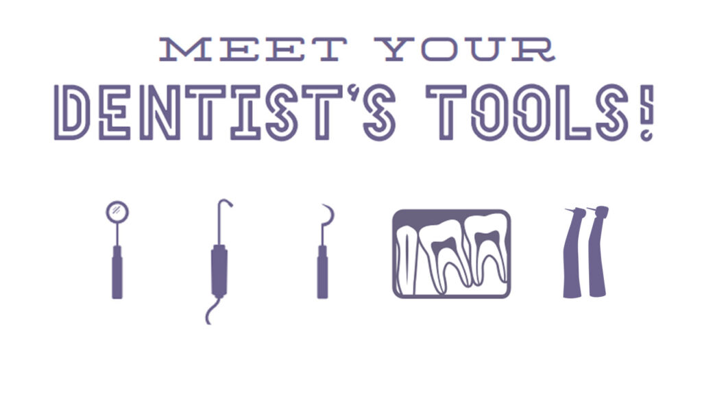 A graphic with various dental tools and text reading: Meet Your Dentist's Tools