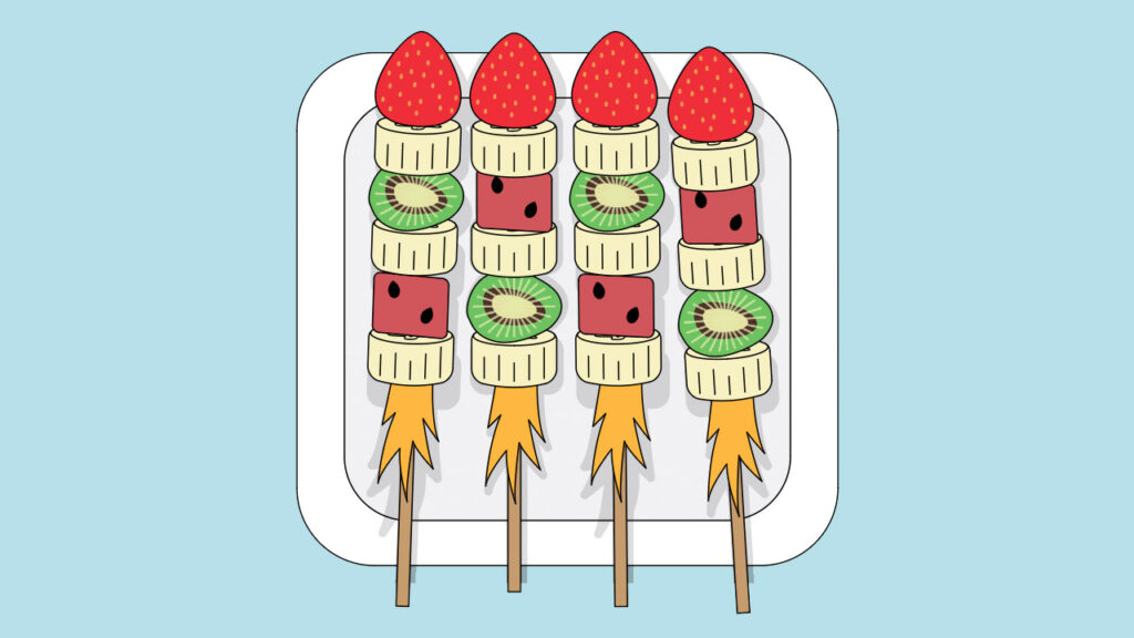 A graphic of healthy fruit kebabs on a plate