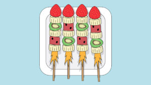 A graphic of healthy fruit kebabs on a plate
