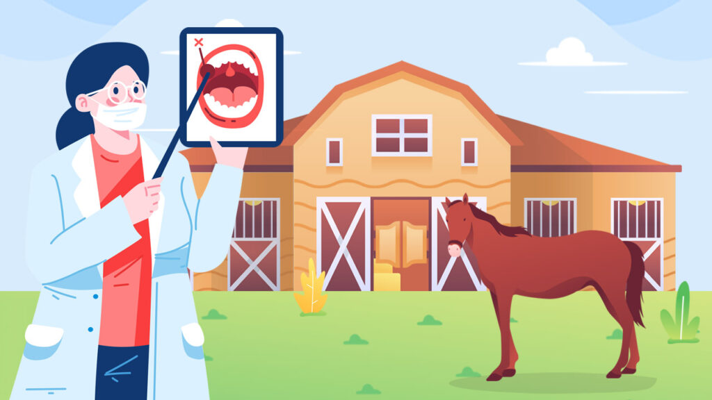 A graphic of a dentist outside a stable with a horse