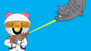 Bitsy shoots a laser while a cat chases it